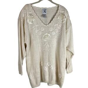 Vintage cream floral embroidered ribbon pearl accent v neck sweater
